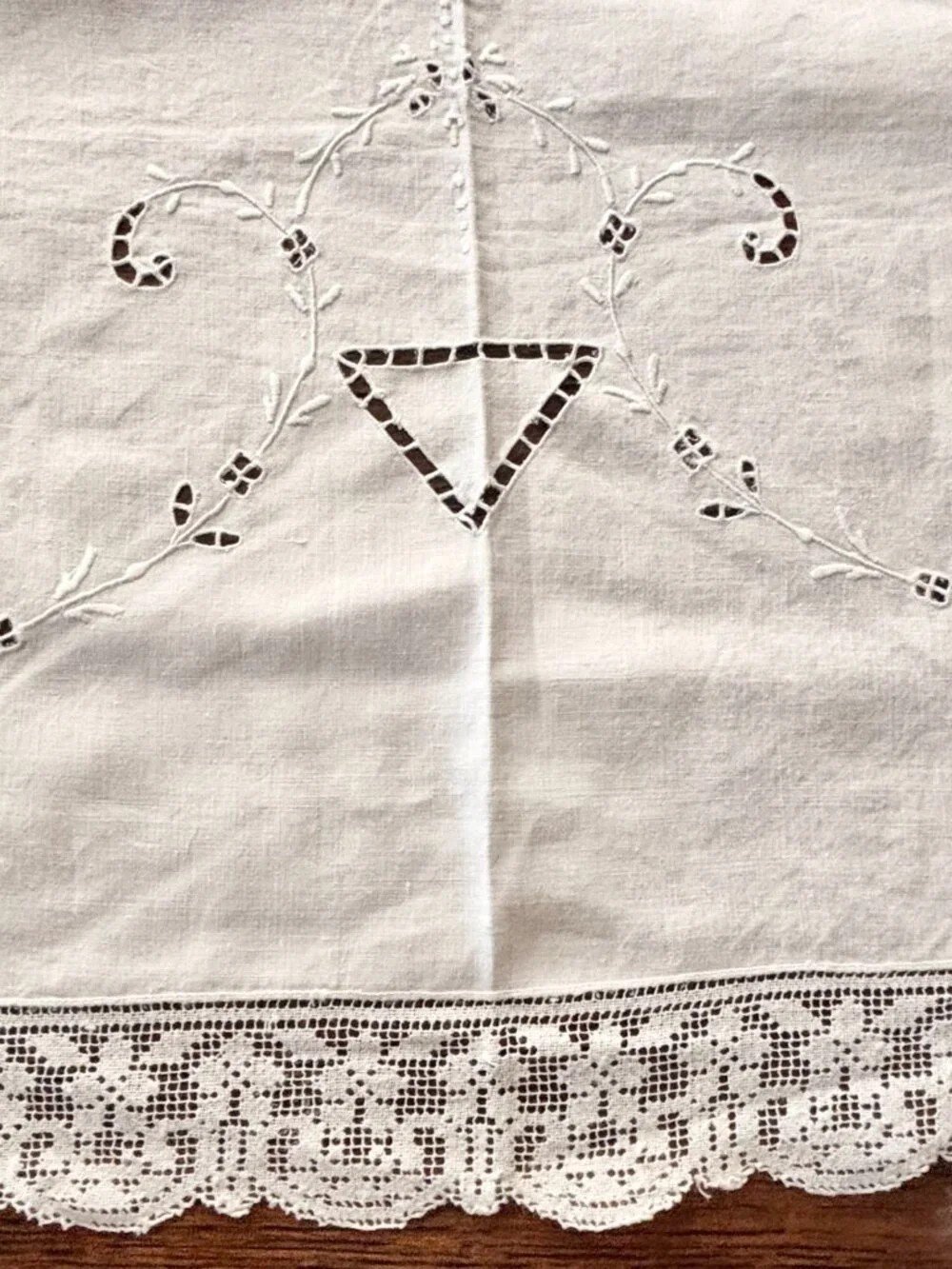 Vintage White Linen Eyelet Embroidered Tablecloth 68 x 84